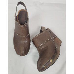 SEE BY CHLOE Women's Sz. 38/8 Studded Brown Leather Platform Wedge Sandals Mules